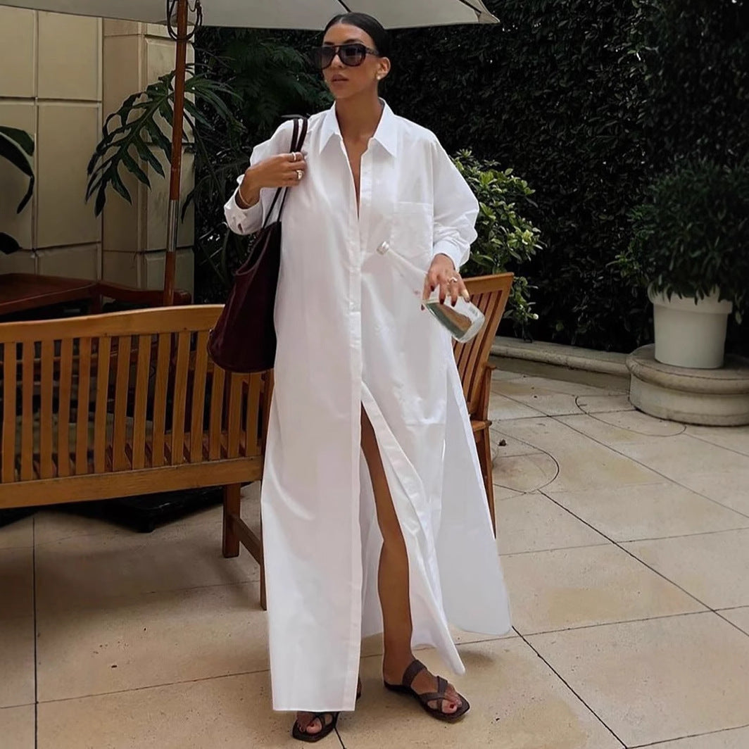 Damen Maxikleid im Hemdblusen-Stil mit seitlichem Schlitz und langen Ärmeln Drune