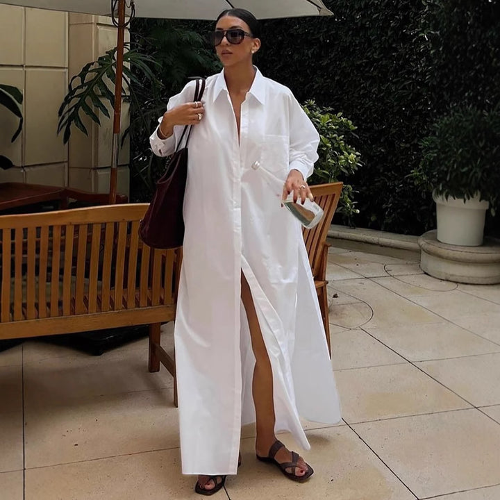Damen Maxikleid im Hemdblusen-Stil mit seitlichem Schlitz und langen Ärmeln Drune