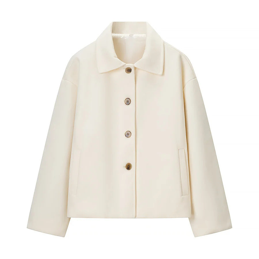 Damen nan boxy Kurzjacke mit oversized Hemdkragen, verdeckter Knopfleiste und nahtlosen Eingrifftaschen Drune