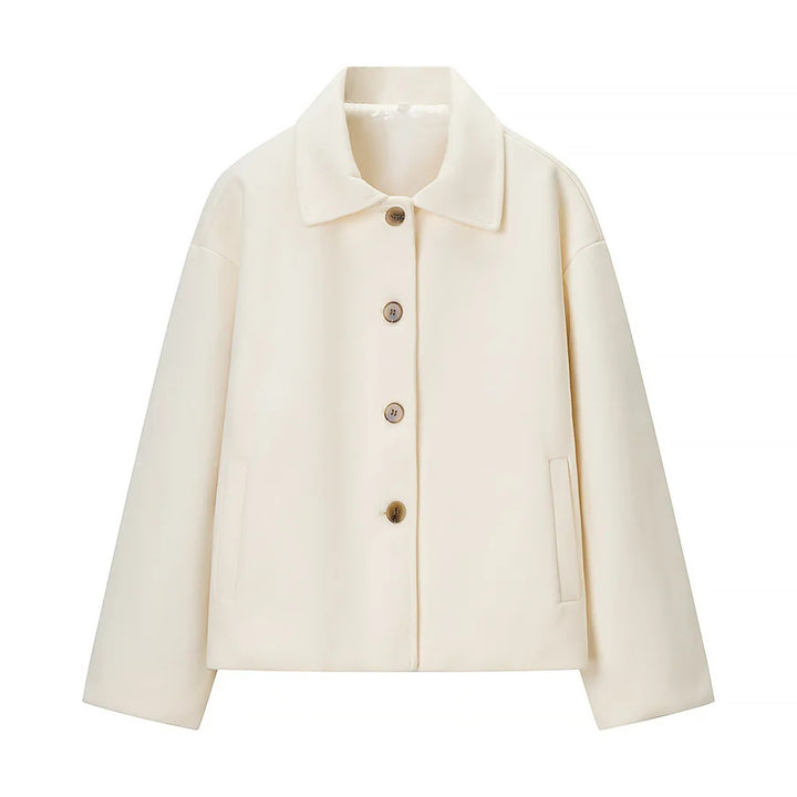 Damen nan boxy Kurzjacke mit oversized Hemdkragen, verdeckter Knopfleiste und nahtlosen Eingrifftaschen Drune