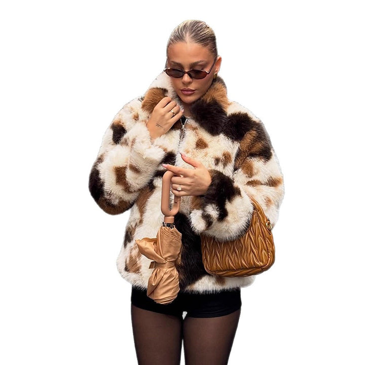 Damen Kurzer Patchwork-Kunstfellblouson mit Stehkragen und verdecktem Reißverschluss Drune
