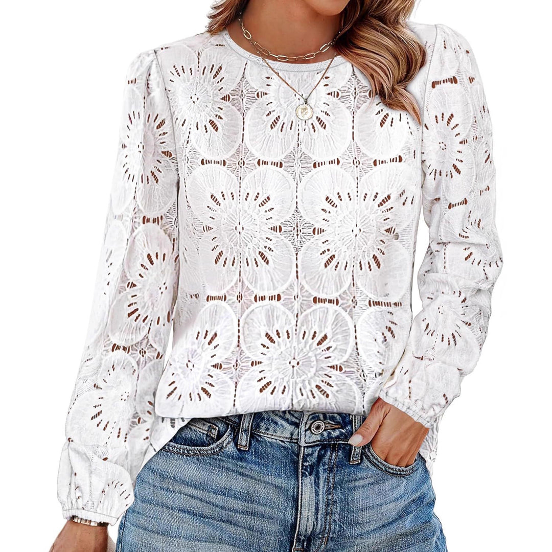 Damen Spitzenbluse mit floralen Details und eleganten Puffärmeln Drune