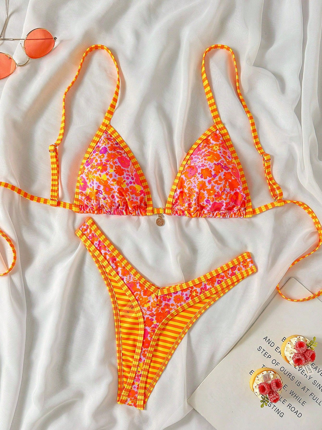 Damen Triangel-Bikini mit Rüschendetails und Karomuster Drune