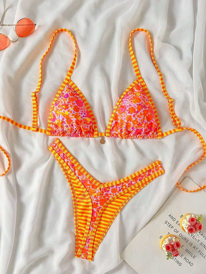 Damen Triangel-Bikini mit Rüschendetails und Karomuster Drune