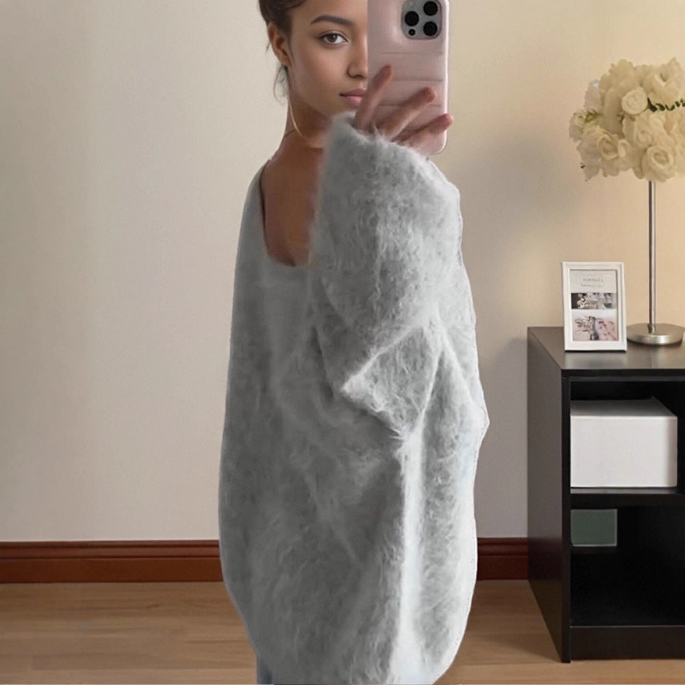 Damen Oversize Mohair-Blend Off-Shoulder Pullover mit Ballonärmeln Drune