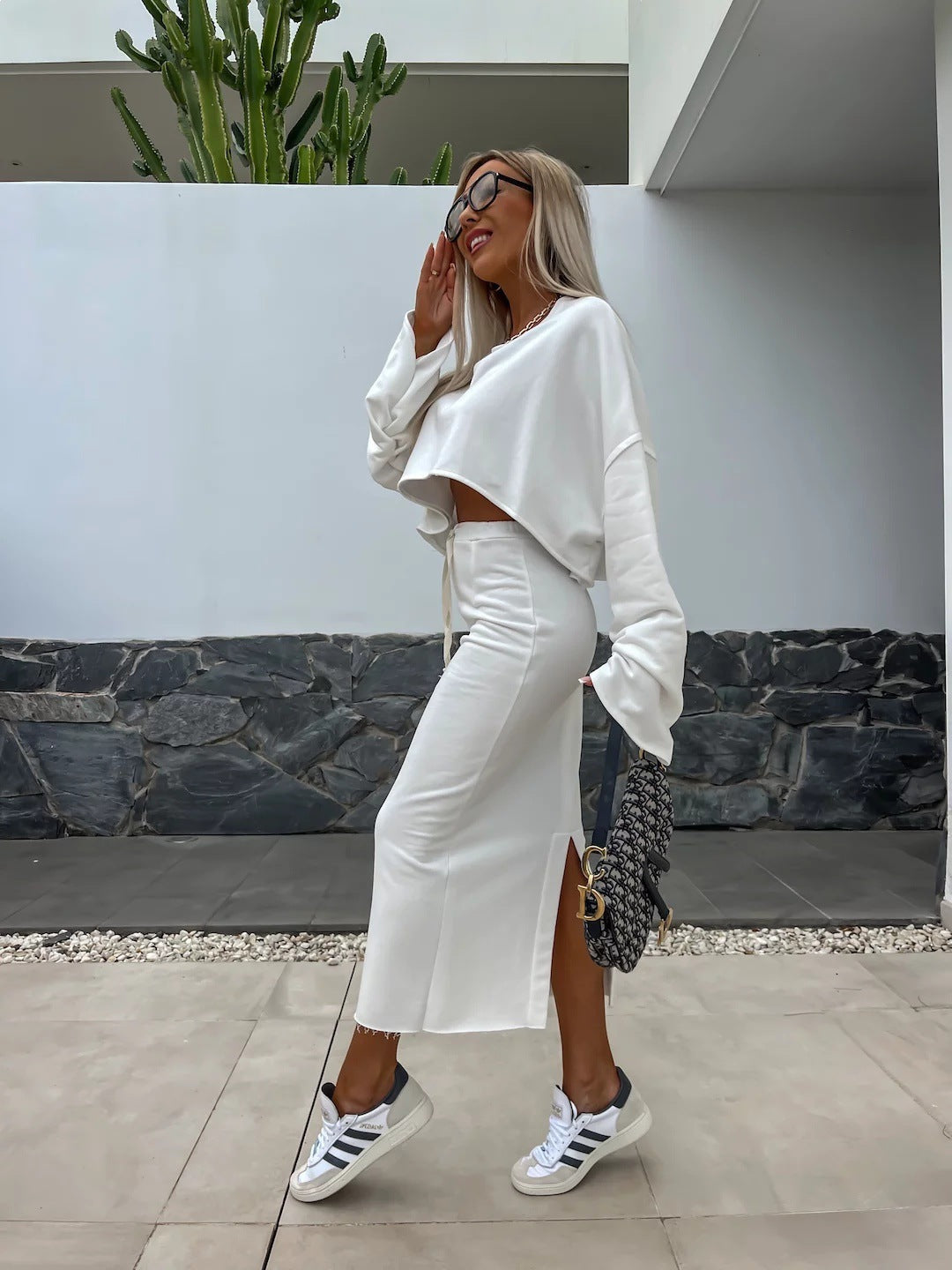 Damen Cropped-Set aus langärmeliger Bluse und figurbetontem Maxi-Rock Drune