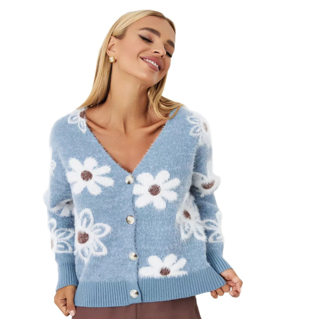 Damen Kuschelige Strickjacke mit Blumenmotiv und Knopfdetails Drune