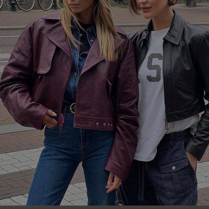 Damen lässige Kunstlederjacke im modernen Oversized-Stil Drune