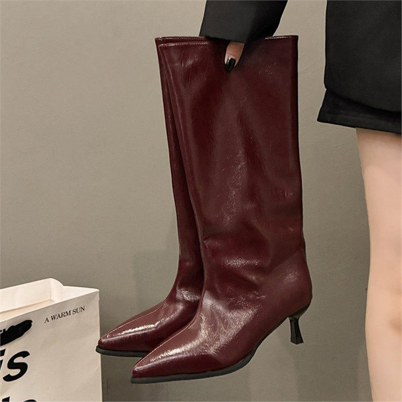 Damen spitz zulaufende Stiefelette mit sculpted Kitten-Absatz und mid-calf Schaft Drune