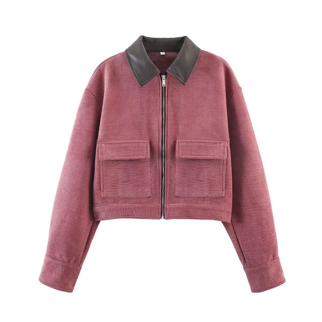Damen Kurze Cordjacke im Blousonstil mit Lederkragen und aufgesetzten Klappentaschen Drune