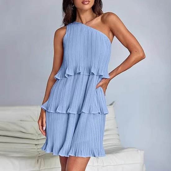 Damen Ärmelloses plissiertes Stufenkleid mit asymmetrischer Schulterpartie Drune