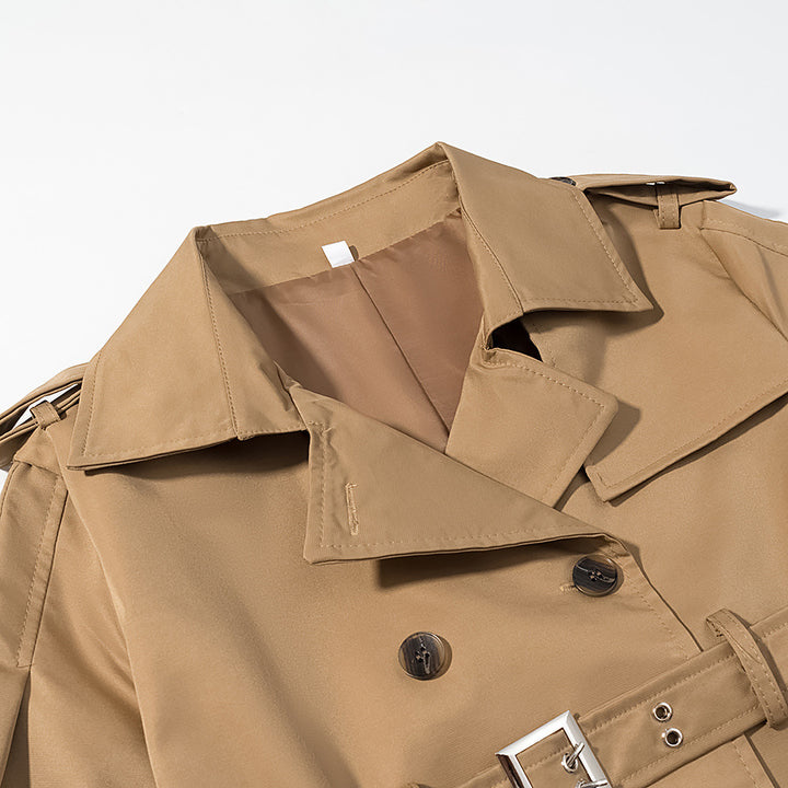 Damen Langer doppelreihiger Trenchcoat mit tailliertem Doppelgürtel, Ballonärmeln und Epauletten Drune