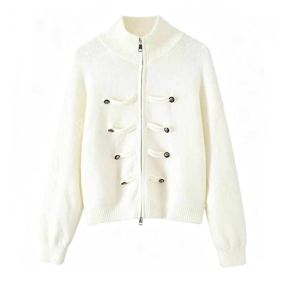 Damen Strickjacke mit Stehkragen, Reißverschluss und dekorativen Knotenblenden Drune
