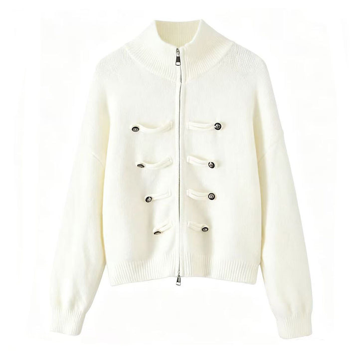 Damen Strickjacke mit Stehkragen, Reißverschluss und dekorativen Knotenblenden Drune
