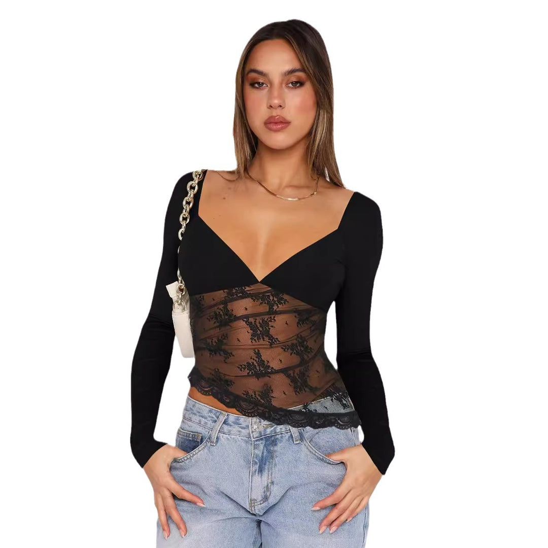 Damen Spitzenbluse mit tiefem V-Ausschnitt und langärmligem Design Drune