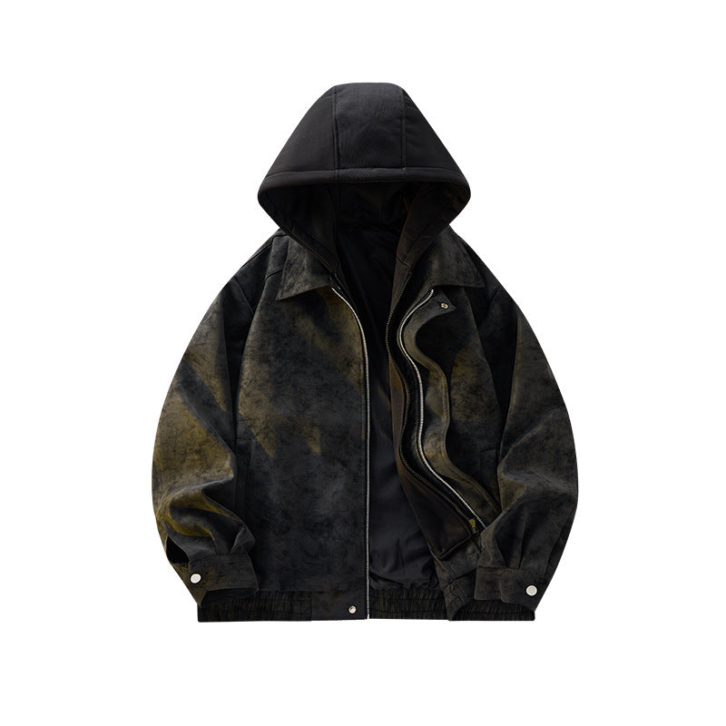 Herren Oversized Velourslederoptik Bomberjacke mit Kapuze und Doppelreißverschluss Drune