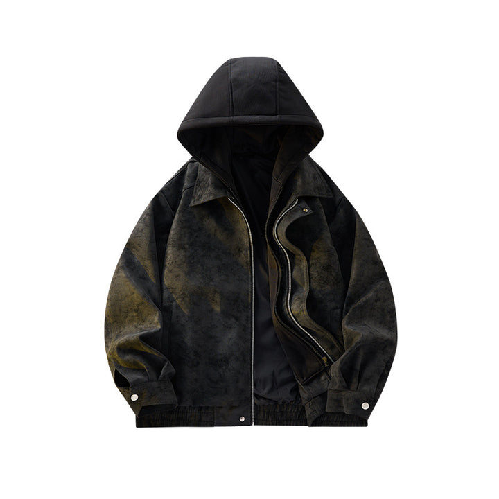 Herren Oversized Velourslederoptik Bomberjacke mit Kapuze und Doppelreißverschluss Drune