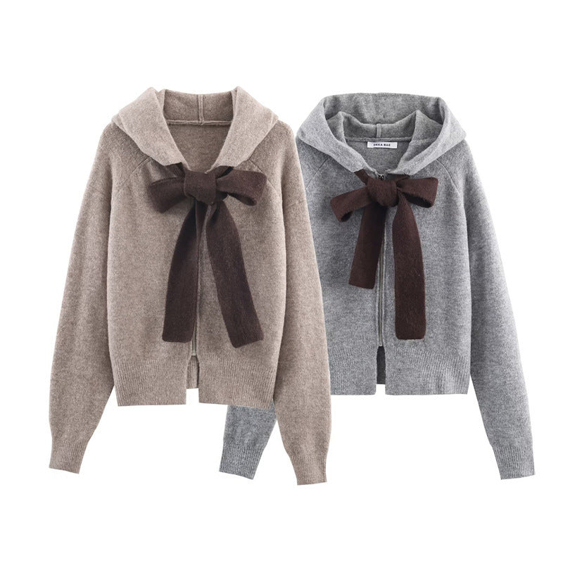 Damen modischer Strickpullover mit Kapuze und dekorativem Bindeband Drune