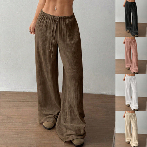Damen Weite Baumwoll-Gauze-Hose mit hohem Bund, Gummizug und Kordelzug Drune