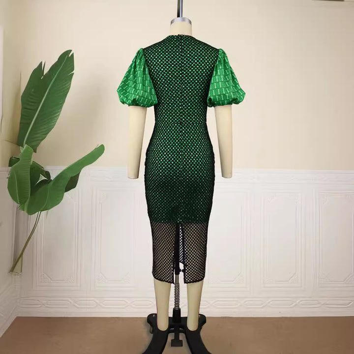 Damen figurbetontes Netzkleid mit Puffärmeln Drune