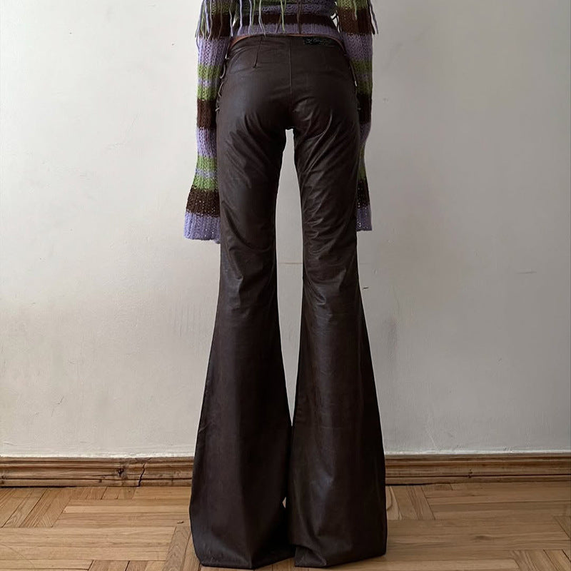 Damen High‑Waist Schlaghose aus Kunstleder mit seitlichen Zierkordeln Drune
