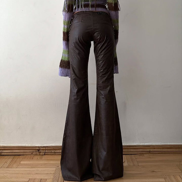 Damen High‑Waist Schlaghose aus Kunstleder mit seitlichen Zierkordeln Drune