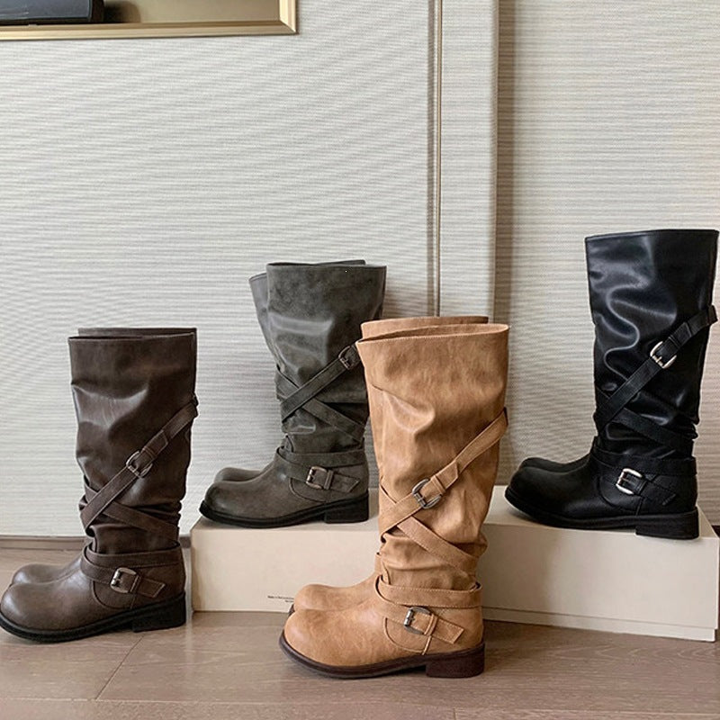 Damen Kniehohe Biker-Stiefel in Leder-Optik mit verstellbaren Schnallen Drune