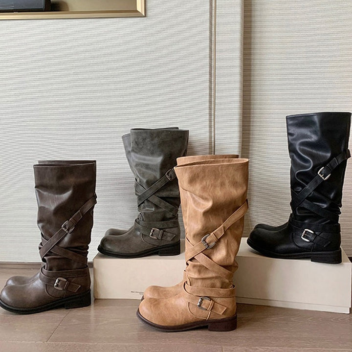 Damen Kniehohe Biker-Stiefel in Leder-Optik mit verstellbaren Schnallen Drune