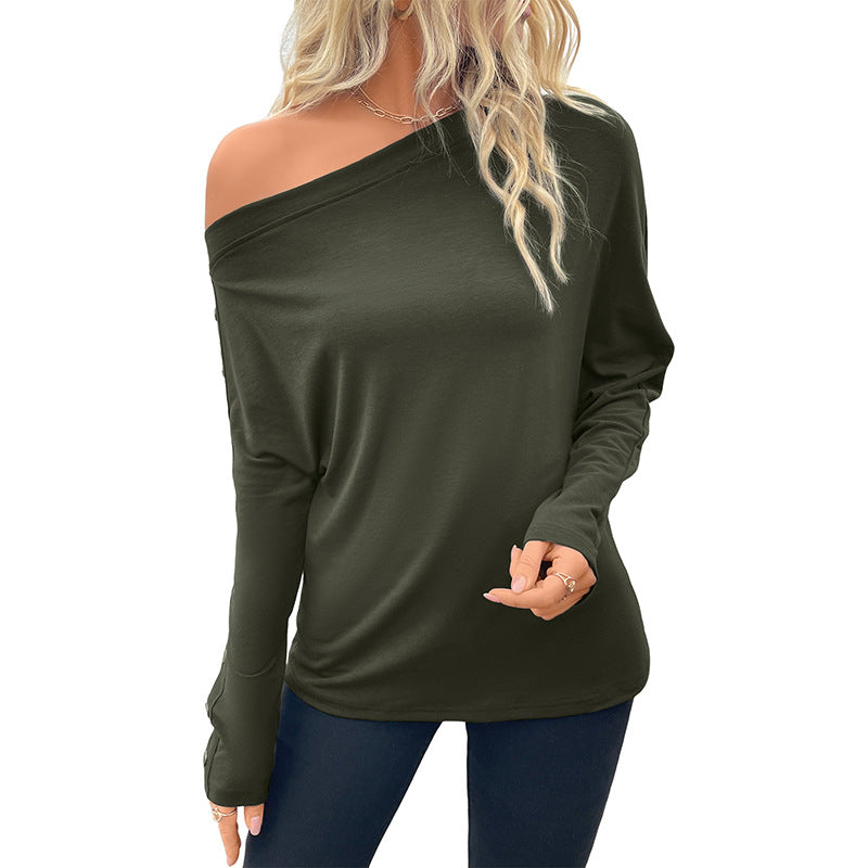 Damen Oversized schulterfreies Langarmshirt mit Fledermausärmeln und Knopfmanschetten Drune