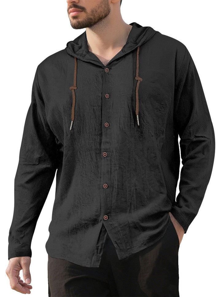 Herren nan Kapuzenhemd im Leinen-Look mit durchgehender Knopfleiste und Kordelzug Drune