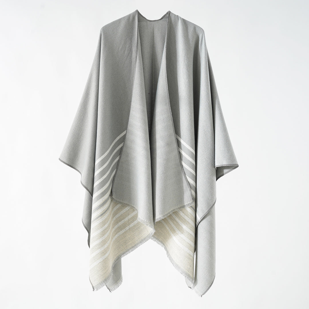 Damen Oversize-Ruana‑Überwurf aus Kaschmir‑Touch Wollmix mit Fransensaum und Streifendetail Drune
