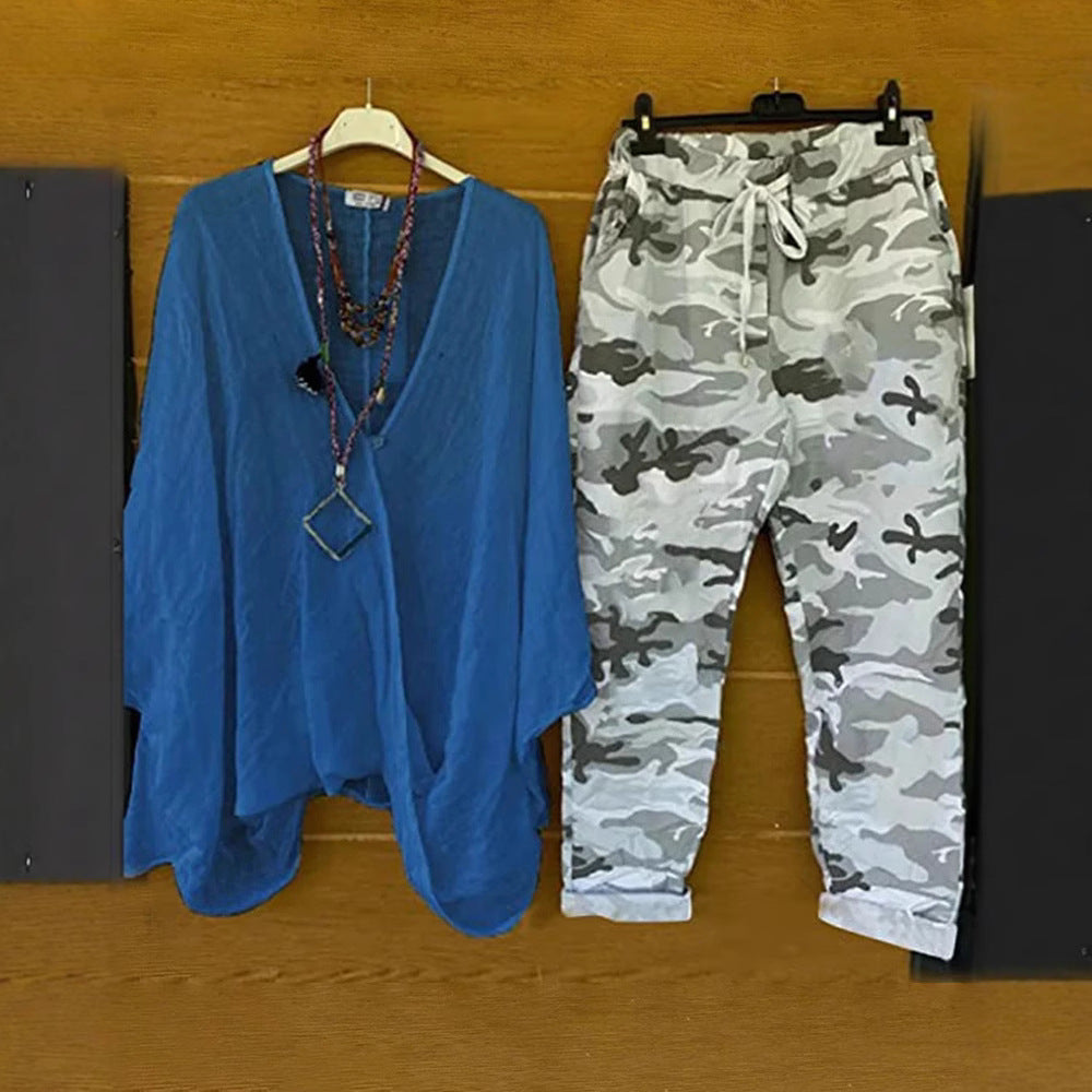 Damen nan Zweiteiler aus fließendem Kimono-Top und Camouflage-Jogginghose Drune