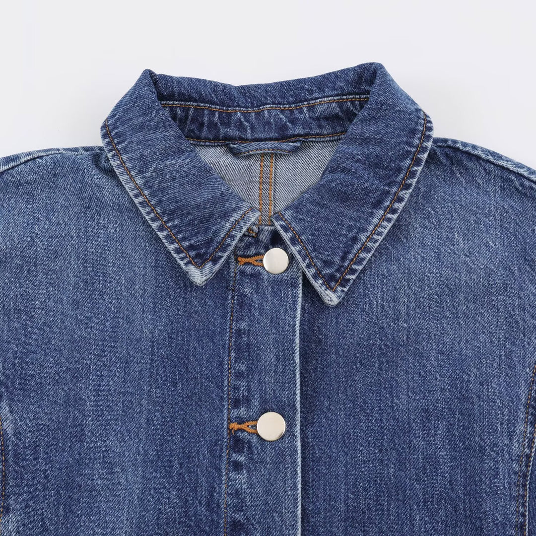 Damen Boxy Jeansjacke mit weiten Ärmeln, aufgesetzten Pattentaschen und Druckknopfverschluss Drune