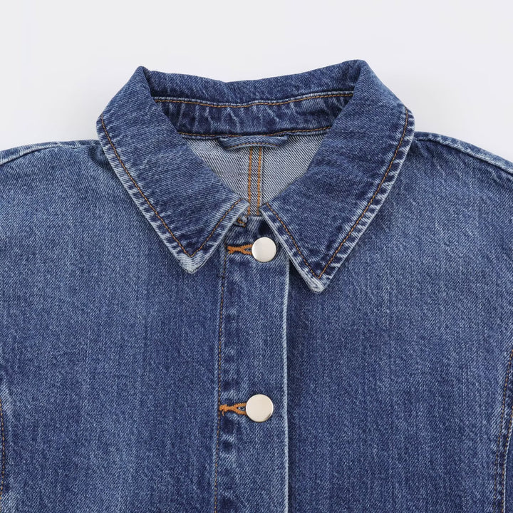 Damen Boxy Jeansjacke mit weiten Ärmeln, aufgesetzten Pattentaschen und Druckknopfverschluss Drune
