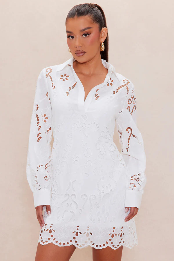 Damen Elegantes Hemdblusenkleid mit raffinierter Lochstickerei und langem Ärmel Drune