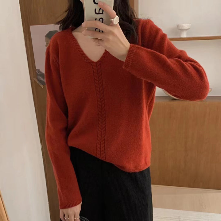 Damen Oversized V-Ausschnitt Pullover mit feiner Strickstruktur Drune