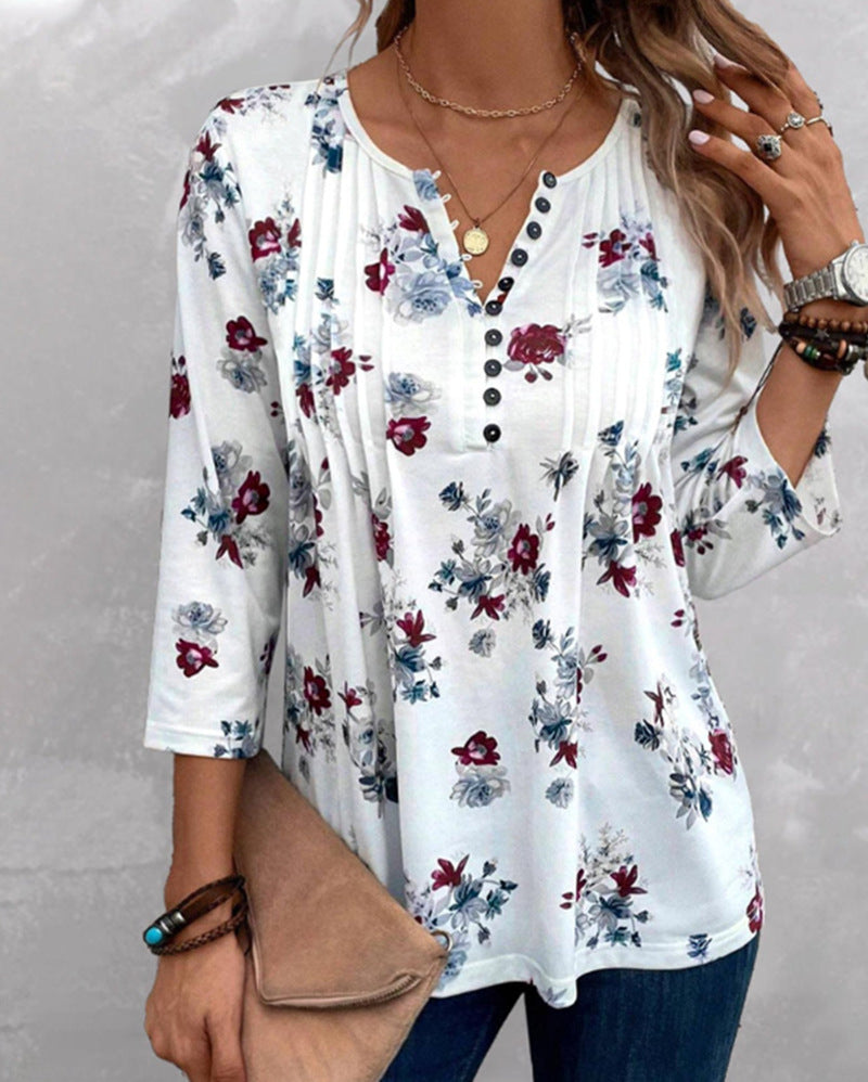 Damen nan florale Tunika-Bluse mit Kellerfalten und Zierknopfleiste Drune