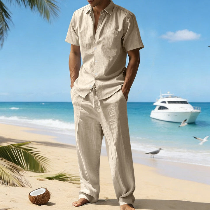 Herren nan resort-taugliches Kurzarm-Hemd mit Brusttasche und lässiger Leinen-Kordelhose Drune