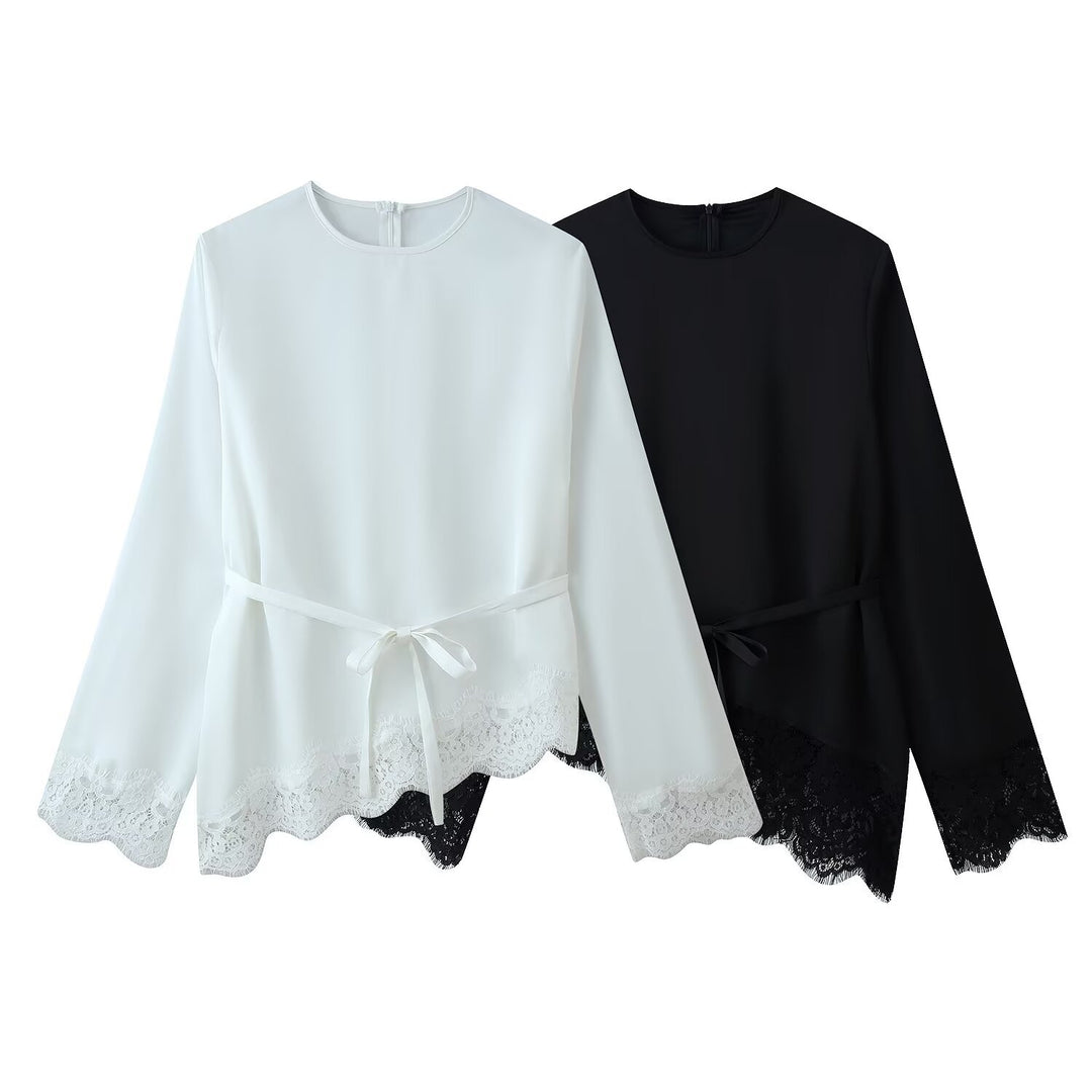 Damen 50+ elegante Chiffonbluse mit Spitzenbesatz und Taillenband Drune
