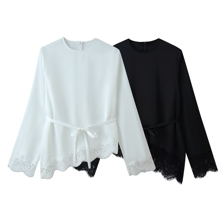 Damen 50+ elegante Chiffonbluse mit Spitzenbesatz und Taillenband Drune