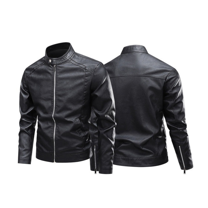 Herren Modische Lederjacke mit Stehkragen und praktischen Reißverschlusstaschen Drune
