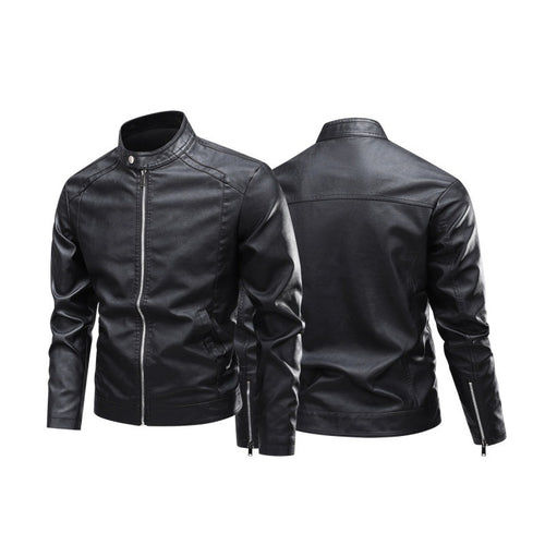 Herren Modische Lederjacke mit Stehkragen und praktischen Reißverschlusstaschen Drune