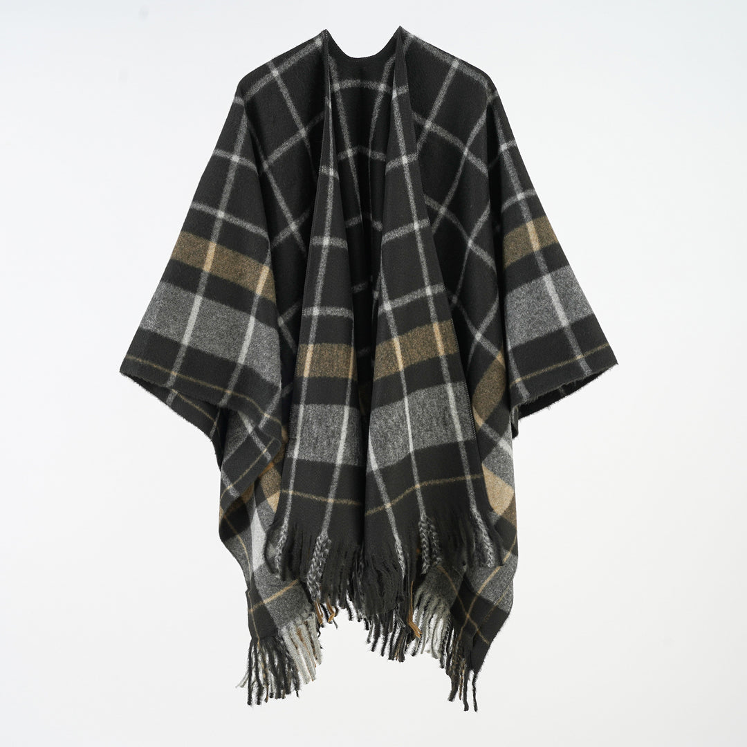 Damen Weicher Wollmix-Überwurfponcho im tartan-inspirierten Karo mit Fransen Drune