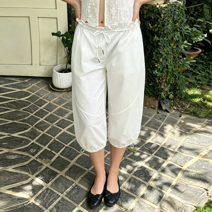 Damen Weite Paperbag-Hose mit Kordelzug, hohem elastischem Bund und Tunnelzugsaum Drune