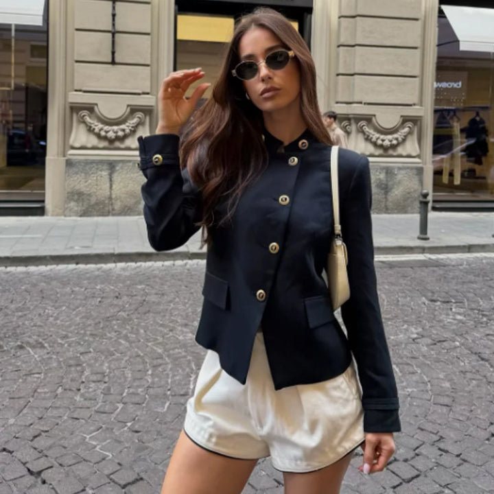 Damen Taillierter Blazer mit Stehkragen und goldenen Zierknöpfen Drune