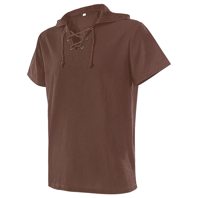 Herren nan lässiges Kurzarmshirt mit geschnürter V-Kehle, kurzem Stehkragen und weichem Baumwollmix Drune