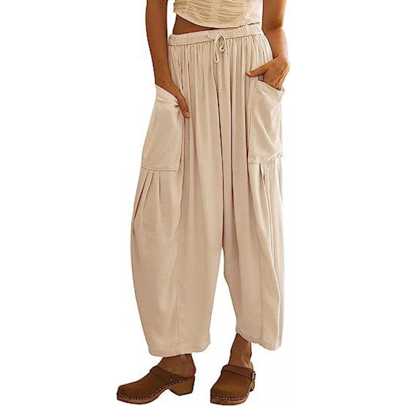 Damen weite und bequeme Sommerhose mit elastischem Bund und praktischen Taschen Drune