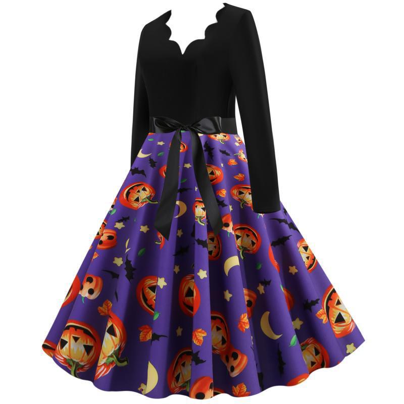 Damen Vintage Swingkleid mit Halloween-Kürbisprint und tailliertem Satinschärpenbund Drune