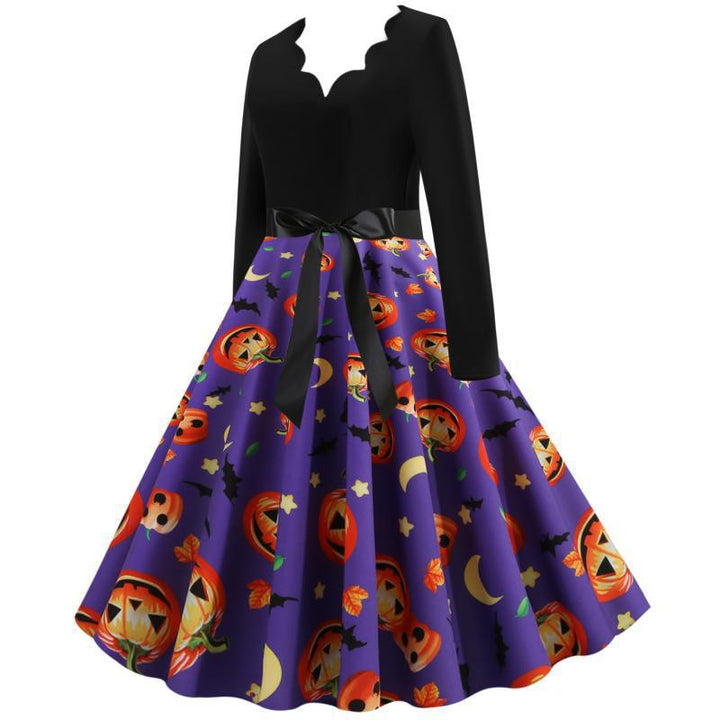 Damen Vintage Swingkleid mit Halloween-Kürbisprint und tailliertem Satinschärpenbund Drune