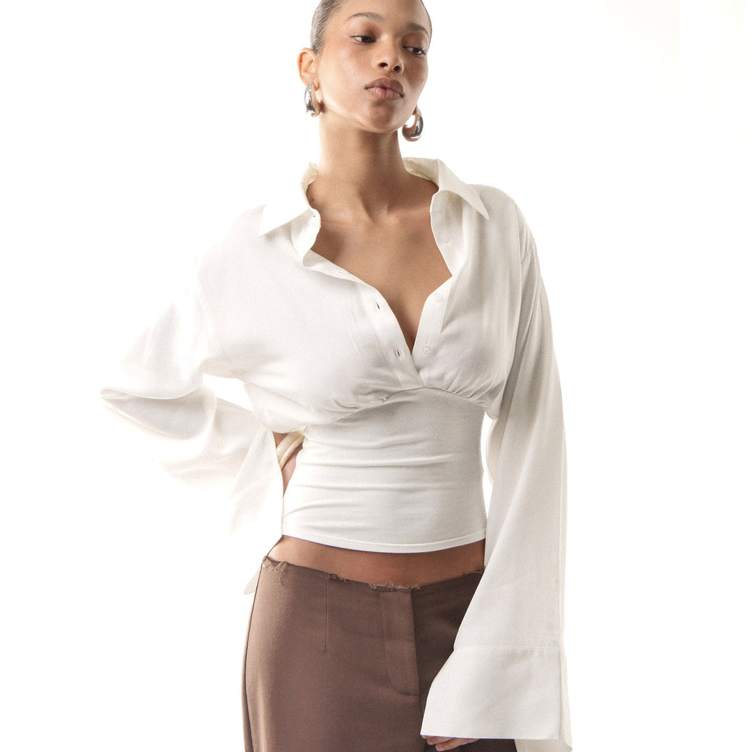 Damen nan taillierte Cropped-Bluse mit Hemdkragen und breitem Stretchbund Drune